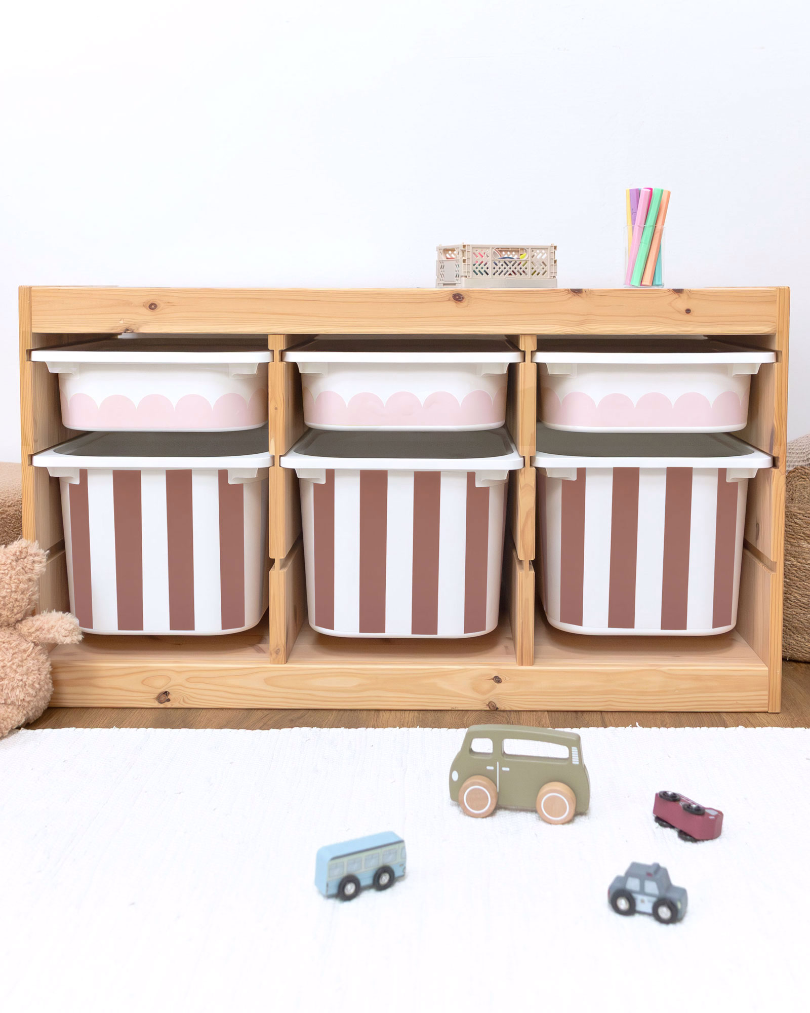 Aufbewahrungsbox, Korbboxen, Stapelboxen, Rosa Streifen, Holzmöbel