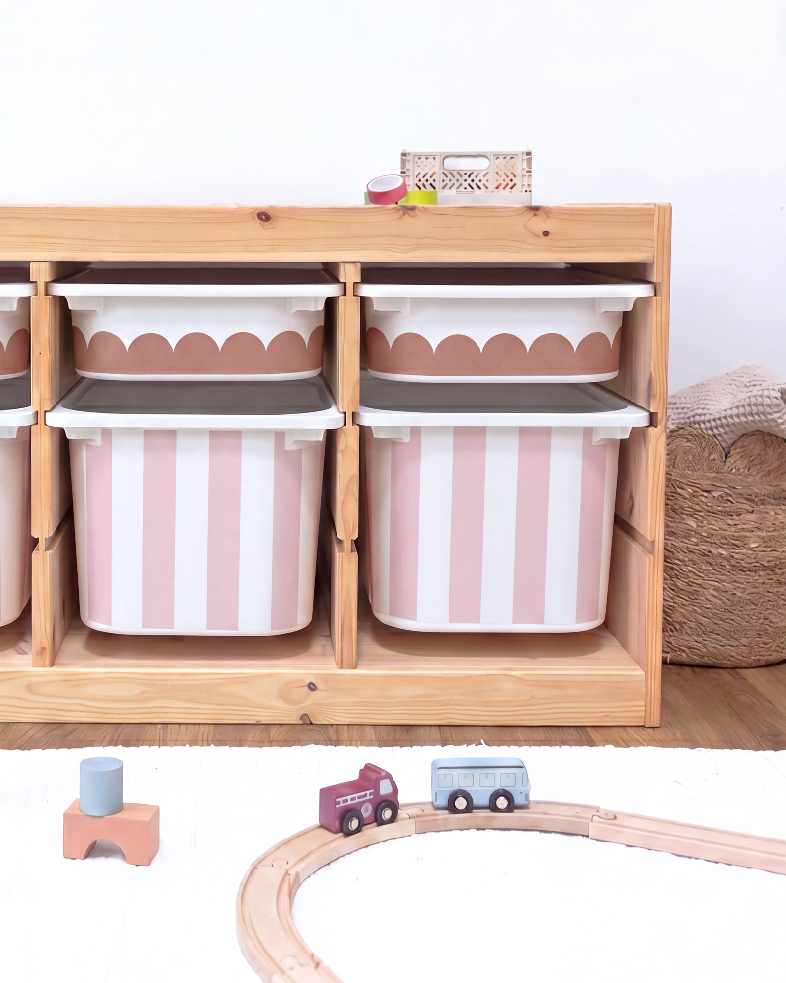 Aufbewahrungsbehälter, Stapelboxen, Pink, Holzregal, Spielzeugzubehör