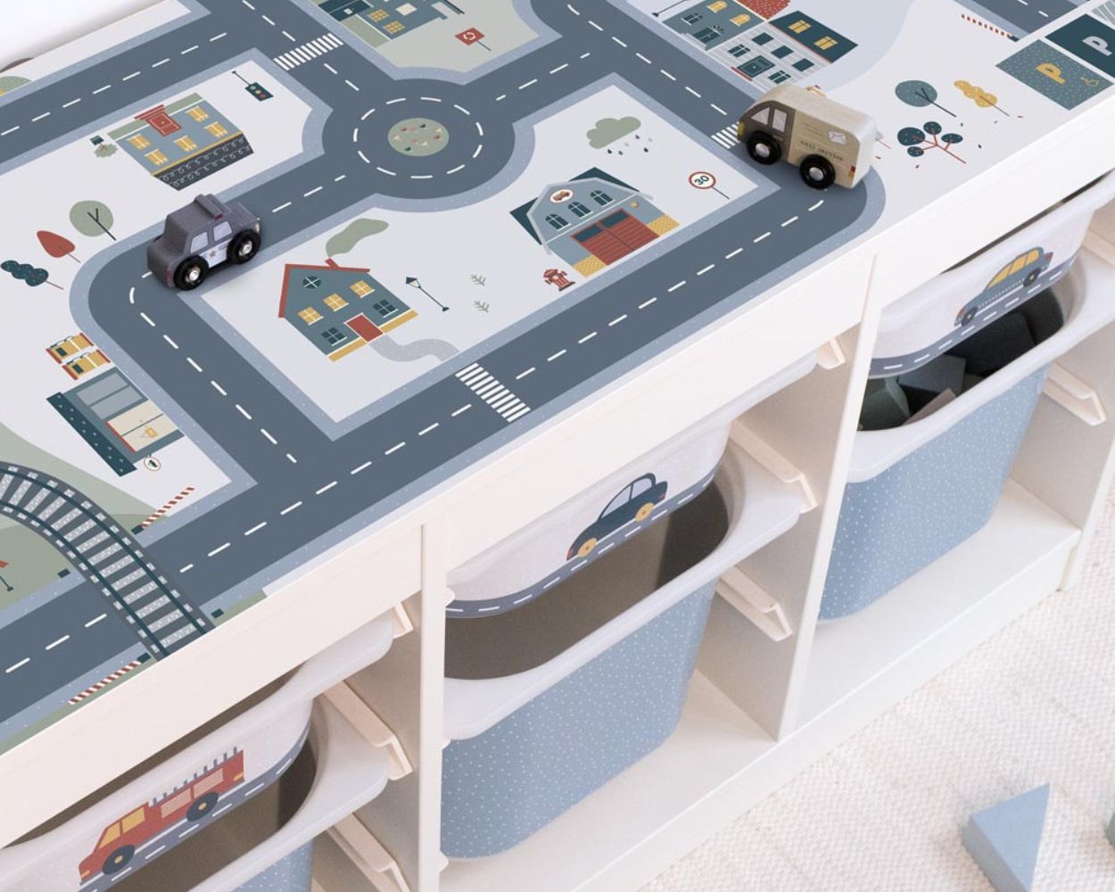 IKEA TROFAST Regal Klebefolie Spielstraße blau IKEA TROFAST Regal Klebefolie Spielstraße blau
