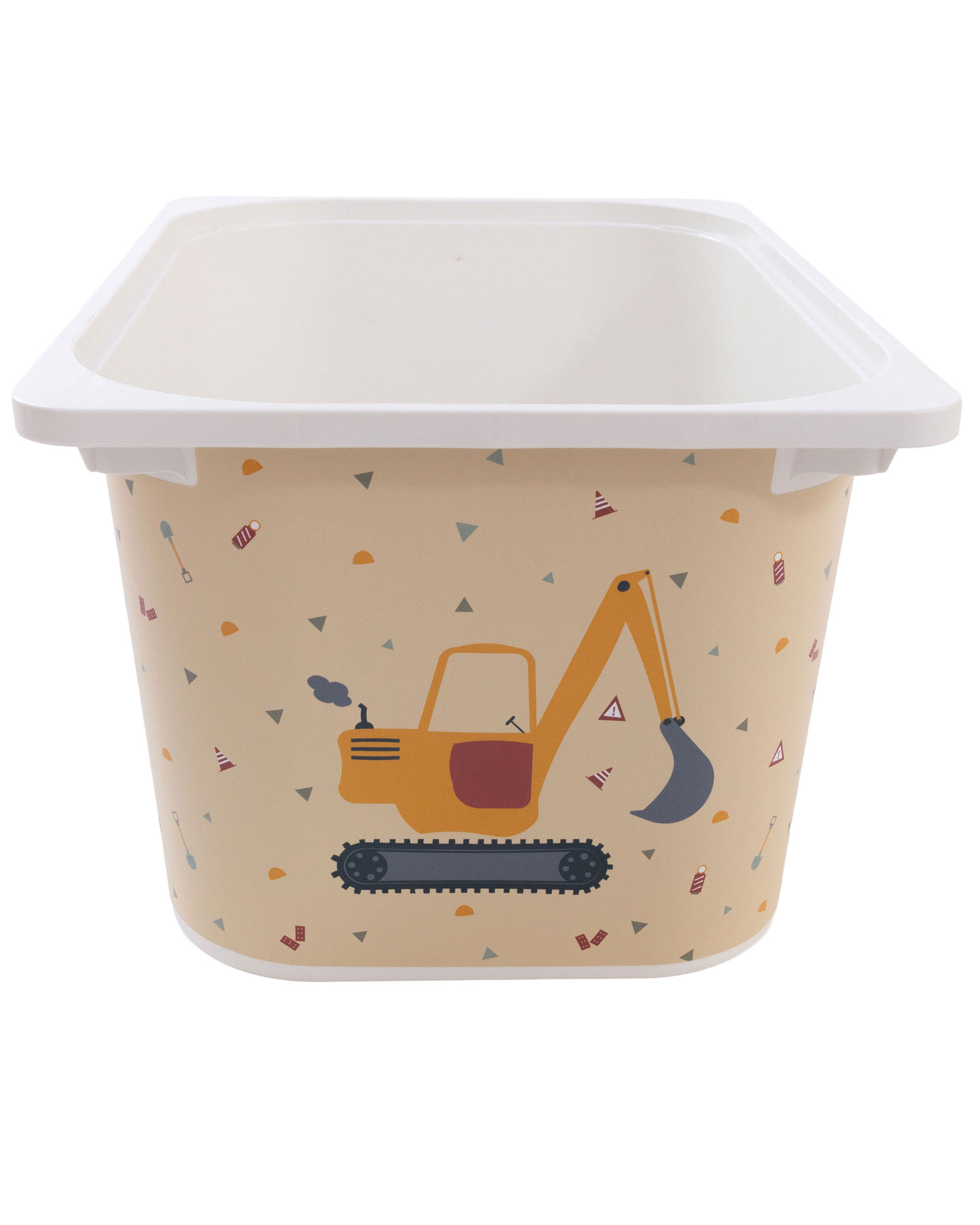 Aufbewahrungsbox, Kunststoff, beige, Bagger-Motiv, weißer Deckel