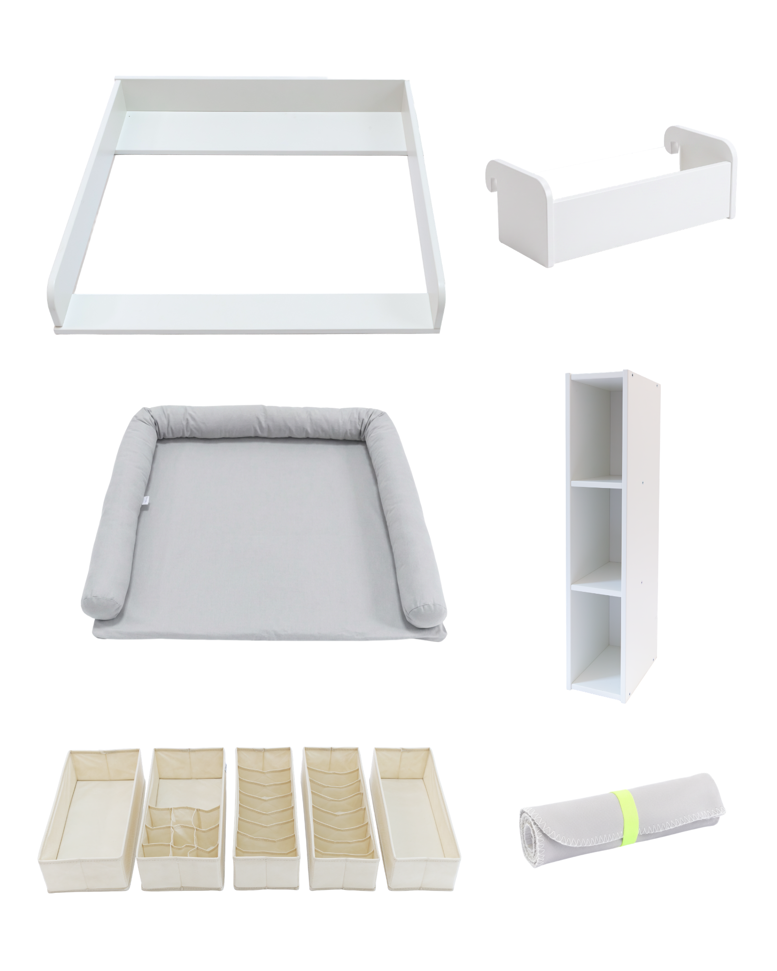baby changing table, storage tower, gray changing pad, wall shelf unit, drawer organizer