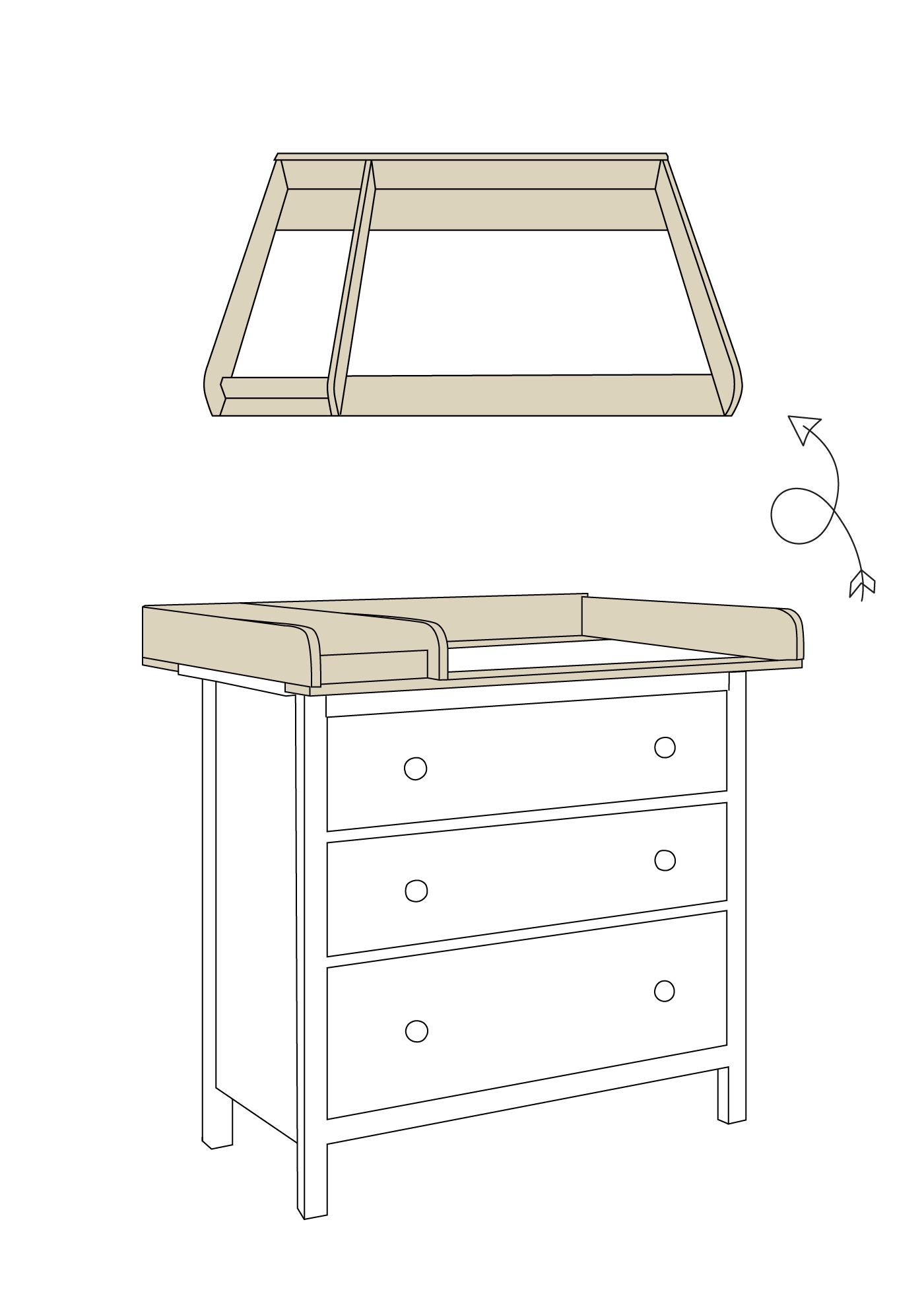 Skizze des Wickelaufsatzes mit Wickelauflage für die Ikea Hemnes Kommode