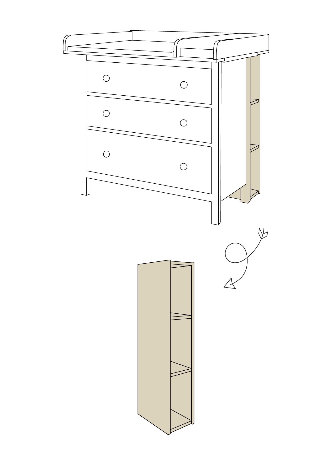 Position des Rückwandregals Das Regal wird an der Rückseite der Kommode angebracht