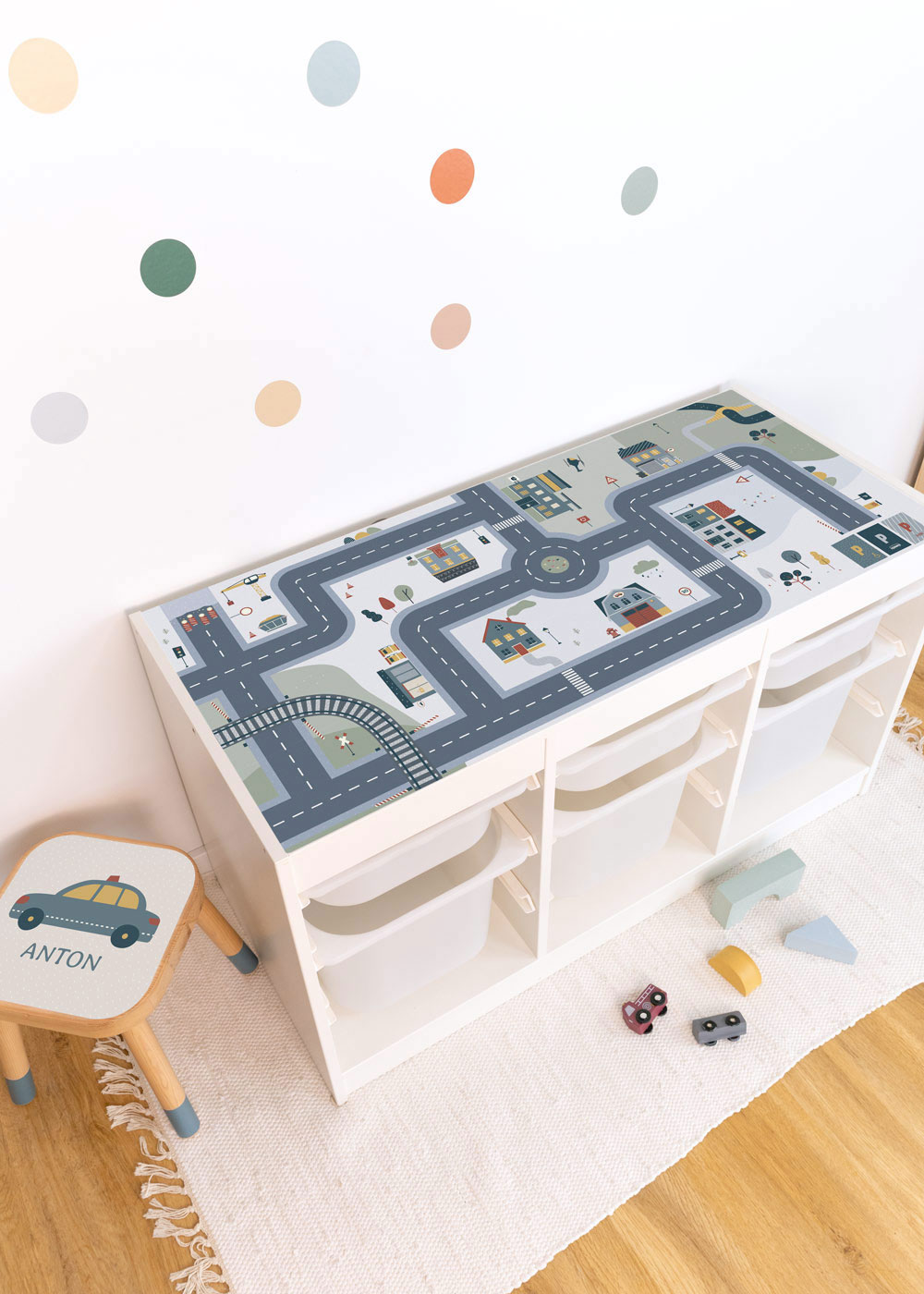 Ikea Trofast Regal mit Klebefolie mit Spielstraße Motiv von Limmaland verschönern Ikea Trofast Regal mit Klebefolie mit Spielstraße Motiv von Limmaland verschönern