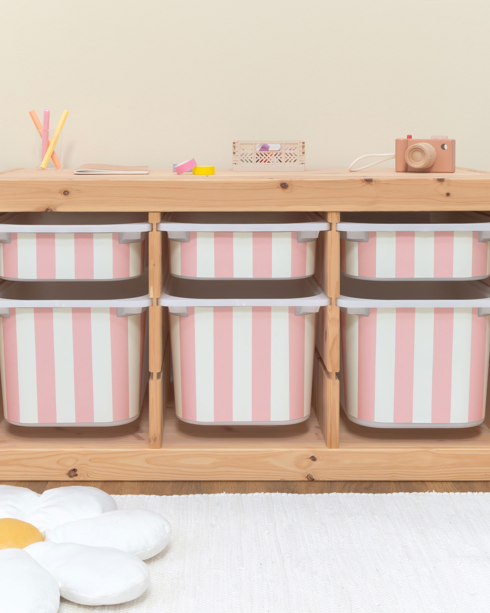 Aufbewahrungsregal, Holzregal, Aufbewahrungsboxen, Rosa Streifen, Kinderzimmer
