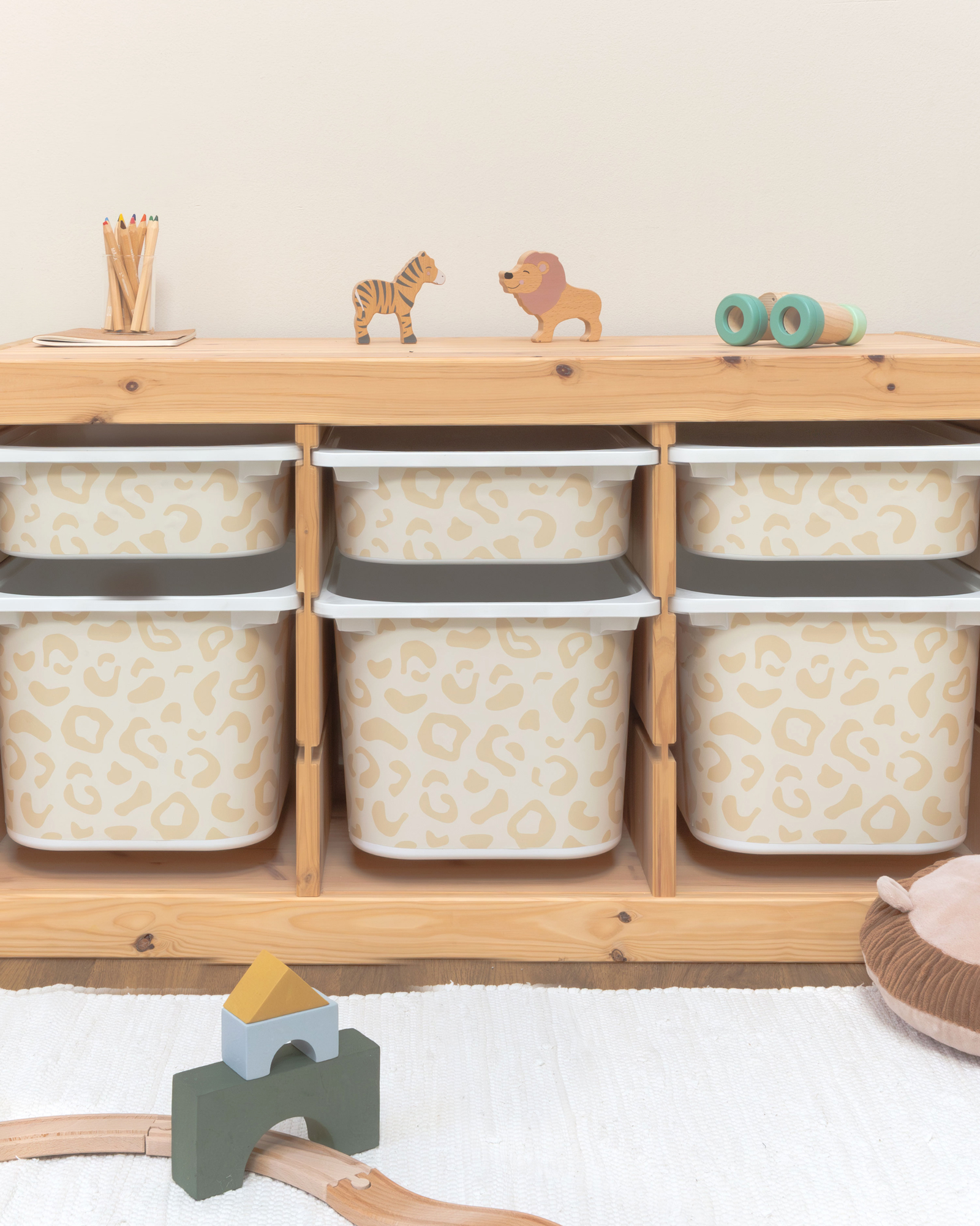 Aufbewahrungsboxen, Kunststoff, Beige, Tiermuster, Weiße Deckel